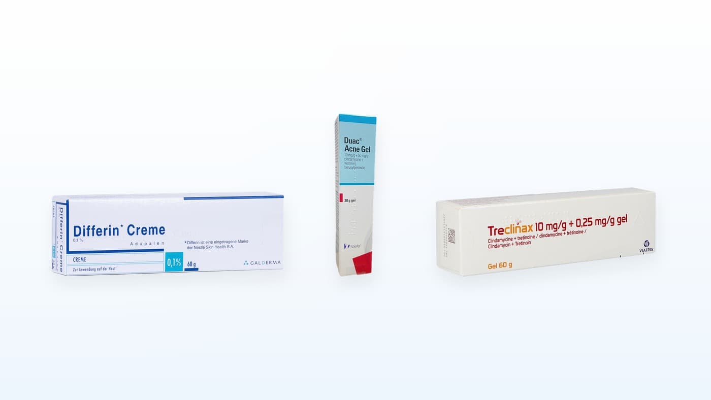 Differin, Duac Acne Gel en Treclinac naast elkaar