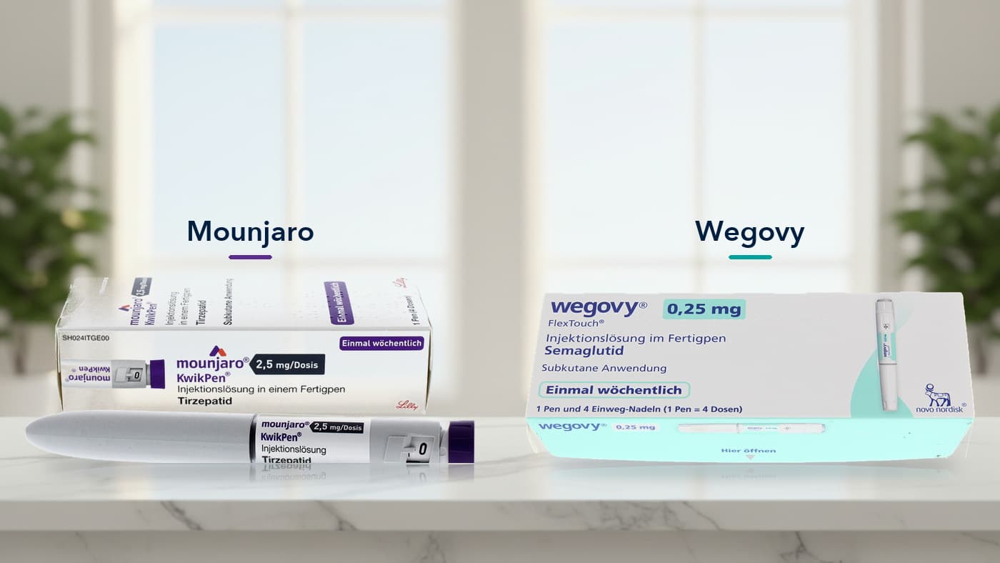 Mounjaro en Wegovy naast elkaar op een marmeren aanrecht, verpakking en pen per middel