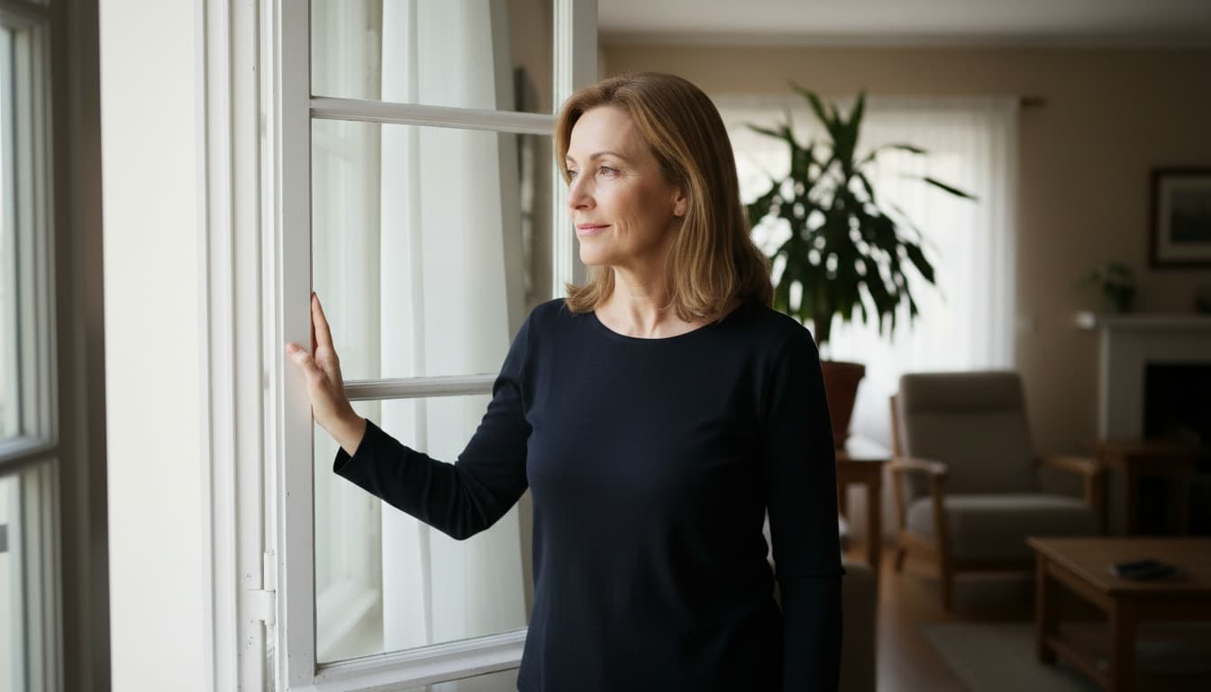 Vrouw van in de vijftig bij het raam thuis, themabeeld bij overgangsklachten