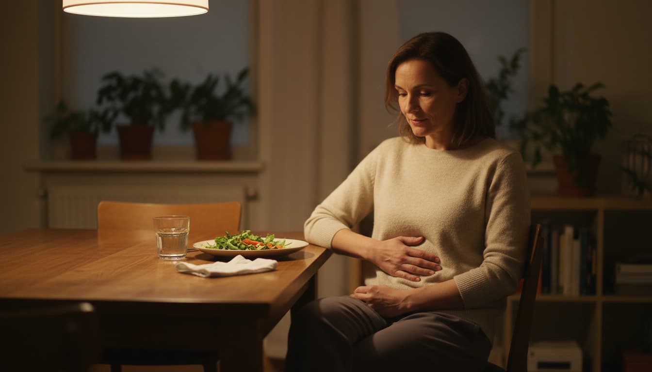 Vrouw aan tafel in de avond met een hand op de bovenbuik, themabeeld bij brandend maagzuur