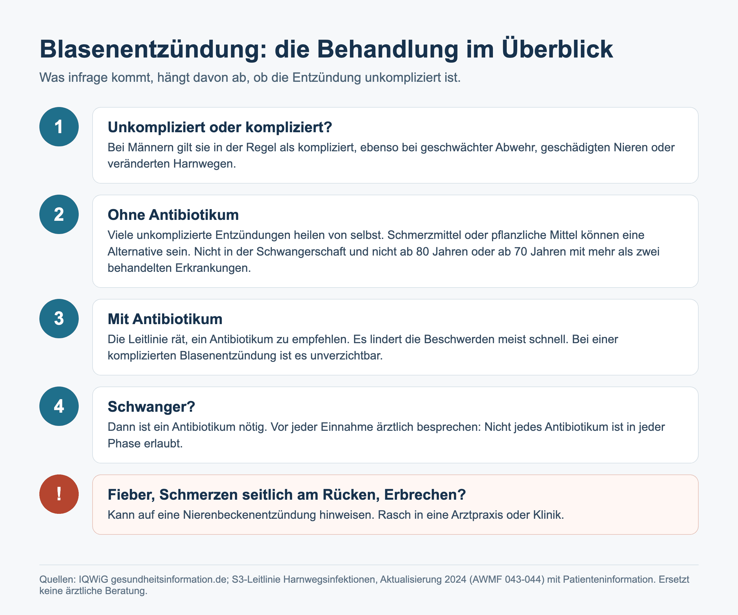 Übersicht: Behandlung der Blasenentzündung, von der Frage unkompliziert oder kompliziert über Behandlung ohne und mit Antibiotikum und den Hinweis für Schwangere bis zu den Warnzeichen einer Nierenbeckenentzündung